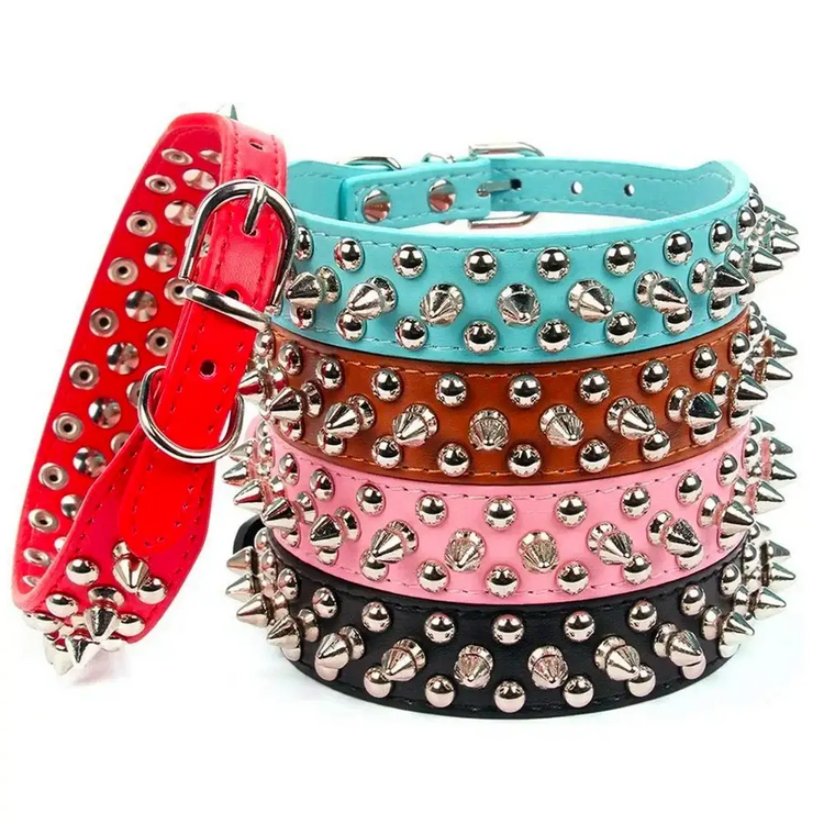 Adjustable Leather Pet Dog collar Neck Strap Supplies PU Leather Punk Rivet Spiked Dog Collar Pet Collars For Small Dog