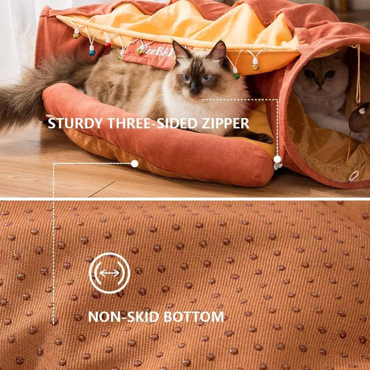 Cat Tunnel Toy Bed with Cushion Mat with Pop up Collapsible 2 Way Tube and Scratching Ball Interactive Toy Peak Hole