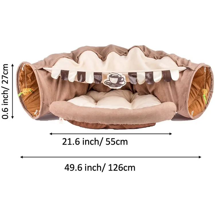 Cat Tunnel Toy Bed with Cushion Mat with Pop up Collapsible 2 Way Tube and Scratching Ball Interactive Toy Peak Hole
