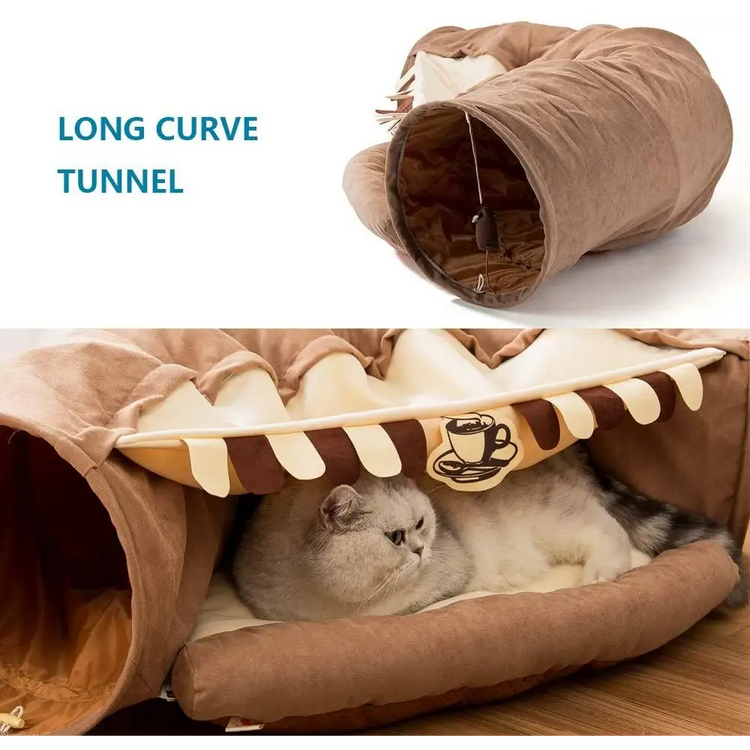 Cat Tunnel Toy Bed with Cushion Mat with Pop up Collapsible 2 Way Tube and Scratching Ball Interactive Toy Peak Hole