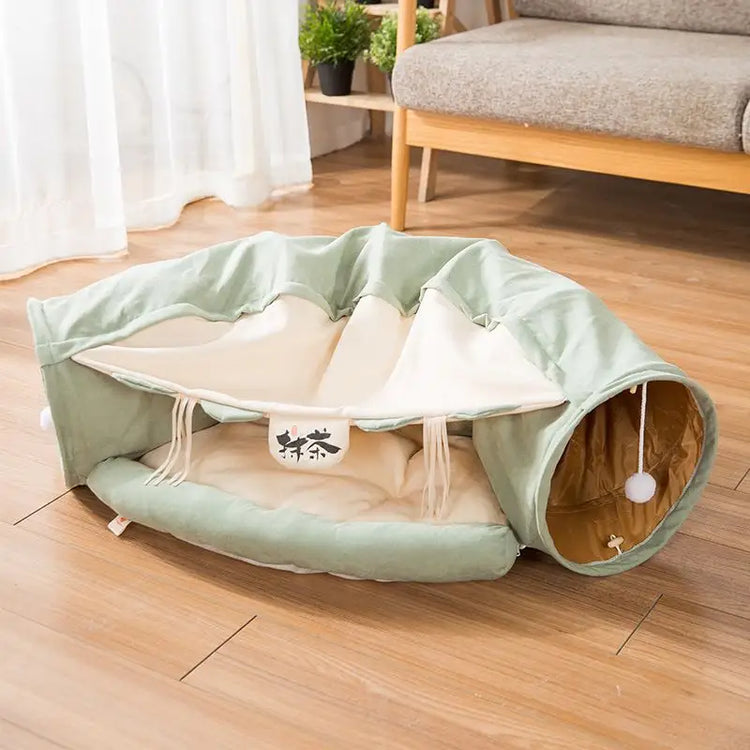 Cat Tunnel Toy Bed with Cushion Mat with Pop up Collapsible 2 Way Tube and Scratching Ball Interactive Toy Peak Hole
