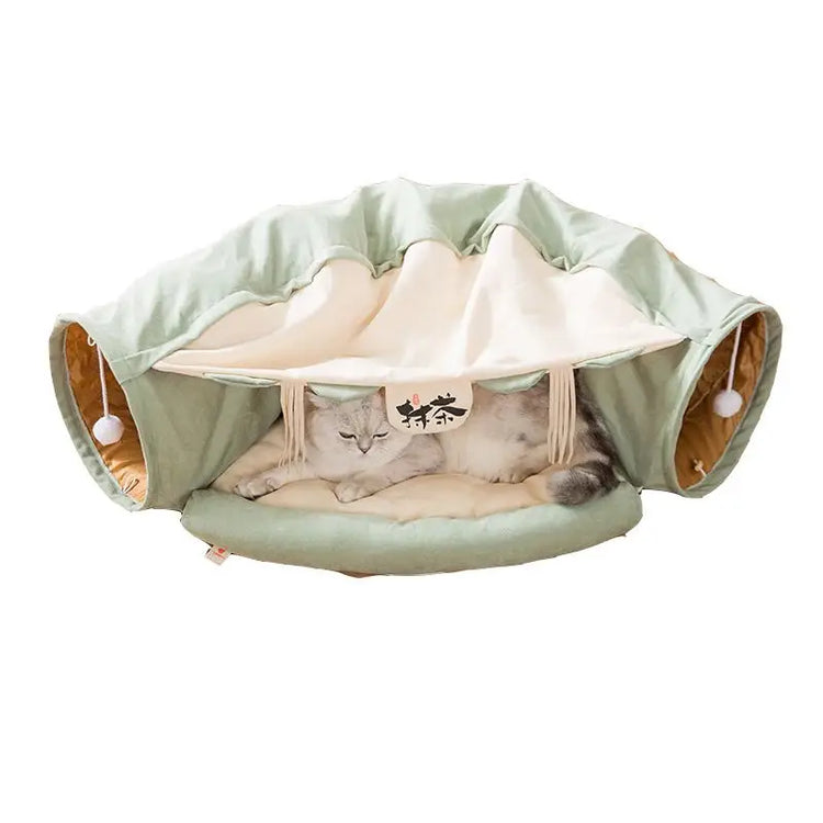Cat Tunnel Toy Bed with Cushion Mat with Pop up Collapsible 2 Way Tube and Scratching Ball Interactive Toy Peak Hole