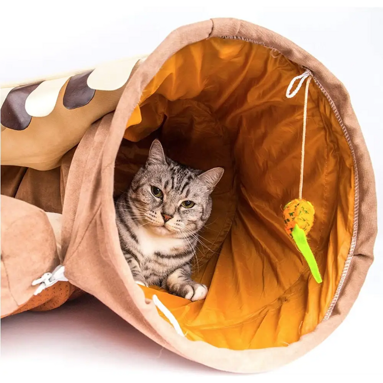 Cat Tunnel Toy Bed with Cushion Mat with Pop up Collapsible 2 Way Tube and Scratching Ball Interactive Toy Peak Hole