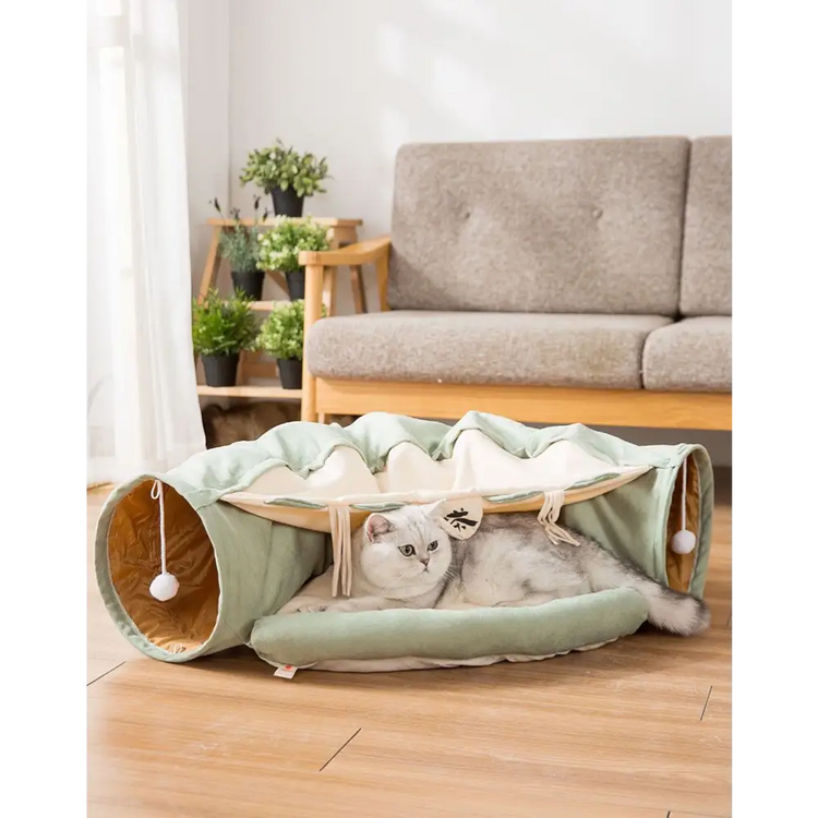 Cat Tunnel Toy Bed with Cushion Mat with Pop up Collapsible 2 Way Tube and Scratching Ball Interactive Toy Peak Hole