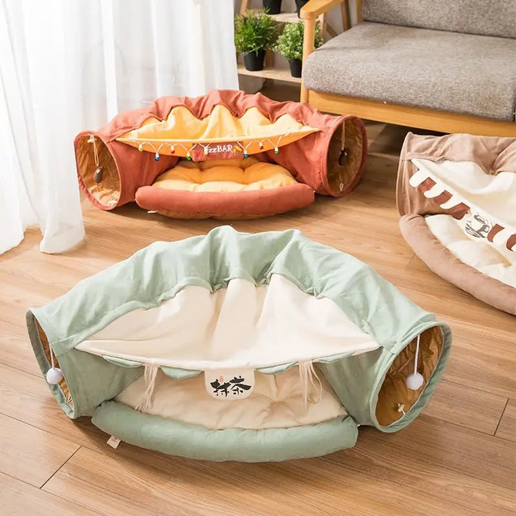 Cat Tunnel Toy Bed with Cushion Mat with Pop up Collapsible 2 Way Tube and Scratching Ball Interactive Toy Peak Hole