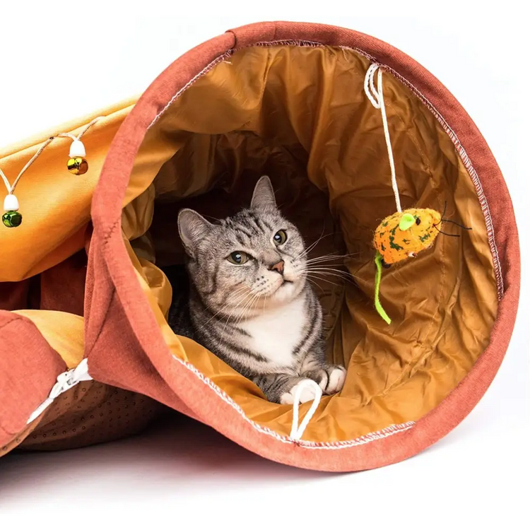 Cat Tunnel Toy Bed with Cushion Mat with Pop up Collapsible 2 Way Tube and Scratching Ball Interactive Toy Peak Hole