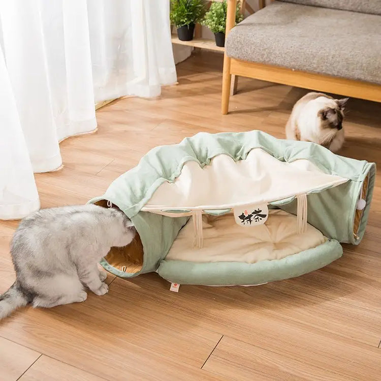 Cat Tunnel Toy Bed with Cushion Mat with Pop up Collapsible 2 Way Tube and Scratching Ball Interactive Toy Peak Hole