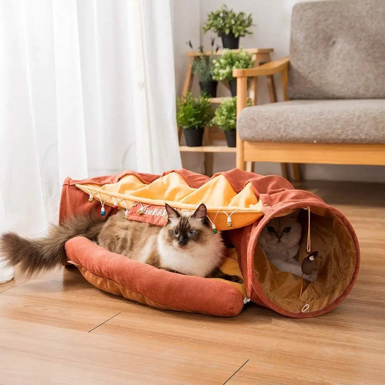 Cat Tunnel Toy Bed with Cushion Mat with Pop up Collapsible 2 Way Tube and Scratching Ball Interactive Toy Peak Hole