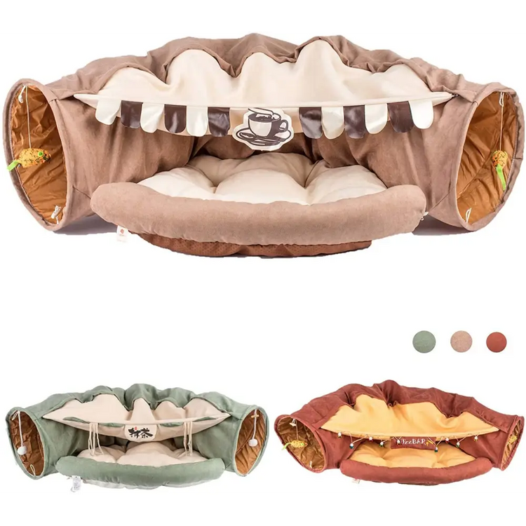 Cat Tunnel Toy Bed with Cushion Mat with Pop up Collapsible 2 Way Tube and Scratching Ball Interactive Toy Peak Hole