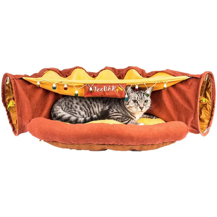 Cat Tunnel Toy Bed with Cushion Mat with Pop up Collapsible 2 Way Tube and Scratching Ball Interactive Toy Peak Hole