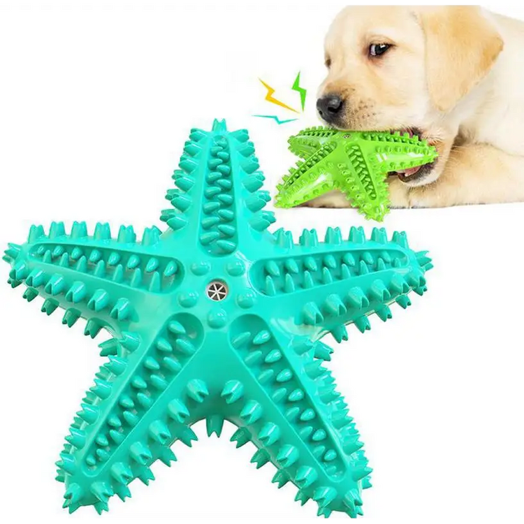 Dog Chew Toys Natural Rubber Starfish-Shaped Dog Toys Interactive Treats Squeaky Dog Toothbrush Cleaner Teething Toys