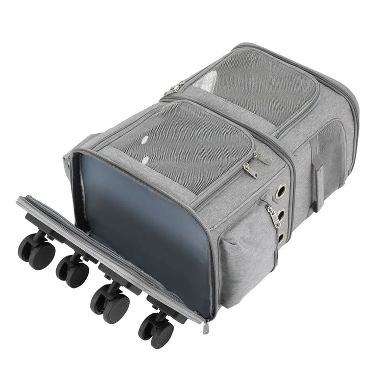 Double-Compartment Rolling Pet Carrier - GRAY / United States - cat carrier