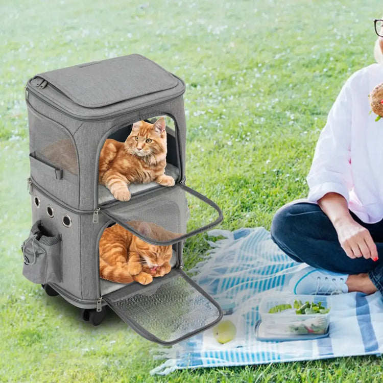 Double-Compartment Rolling Pet Carrier - GRAY / United States - cat carrier