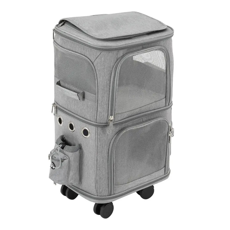 Double-Compartment Rolling Pet Carrier - GRAY / United States - cat carrier