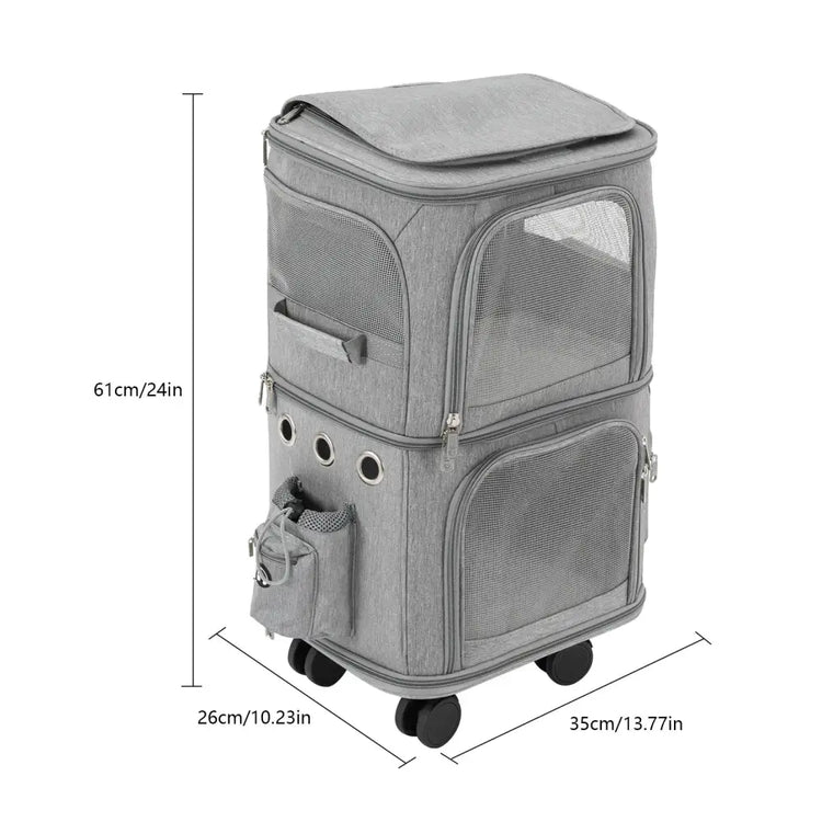 Double-Compartment Rolling Pet Carrier - GRAY / United States - cat carrier