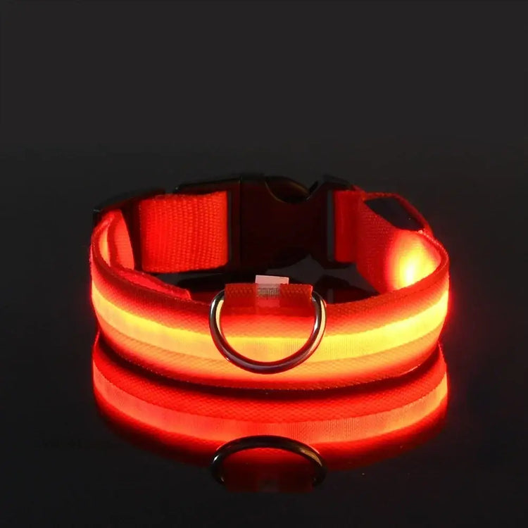 LED Nylon Dog Collar – Glow in the Dark - RED / XL neck 42-56cm - pet collar