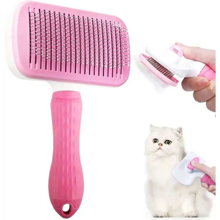 Long Hair Pet Grooming & Hair Remover Brush - Square Pink - pet brush