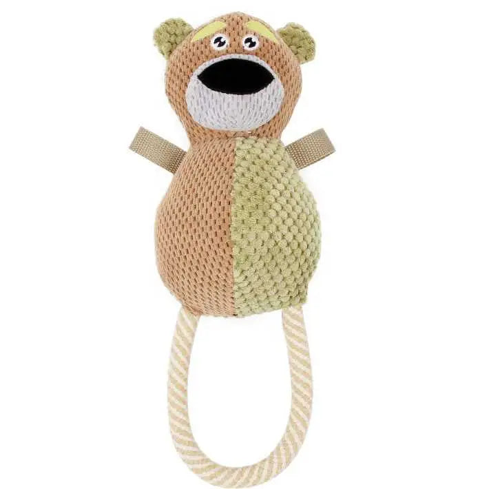 Pet Life Plush Huggabear Natural Jute And Squeak Chew Tugging Dog Toy - Brown/Olive - dog toy