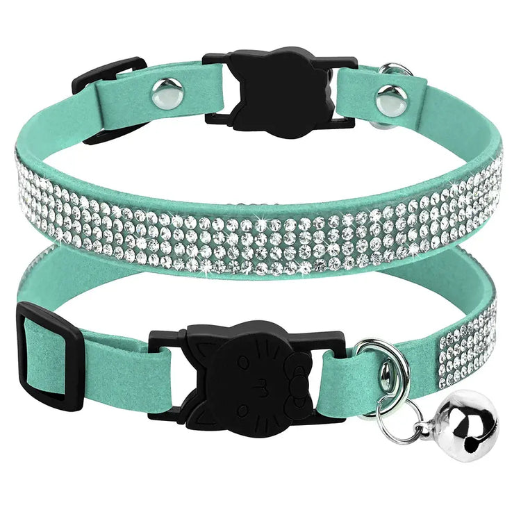 Pink Suede Rhinestone Cat Collar with Bell - cat collar