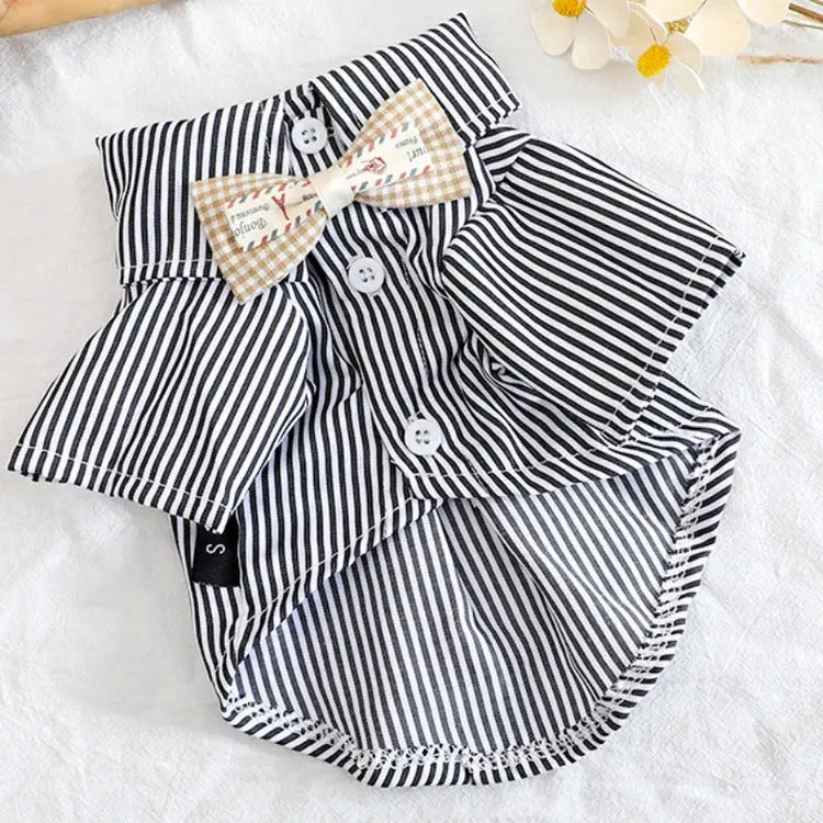 Striped Summer Dog Shirt with Bowknot – Blue - Black / XXL - dog clothing