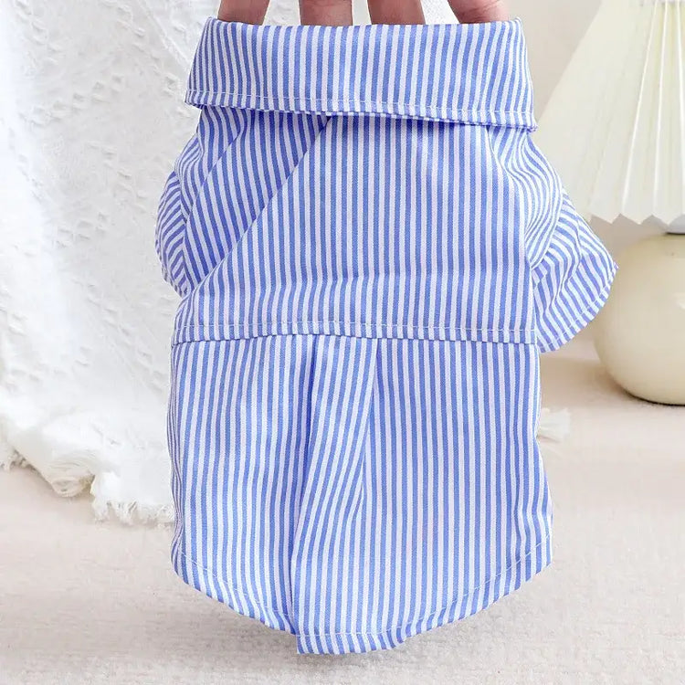 Striped Summer Dog Shirt with Bowknot – Blue - dog clothing,back view