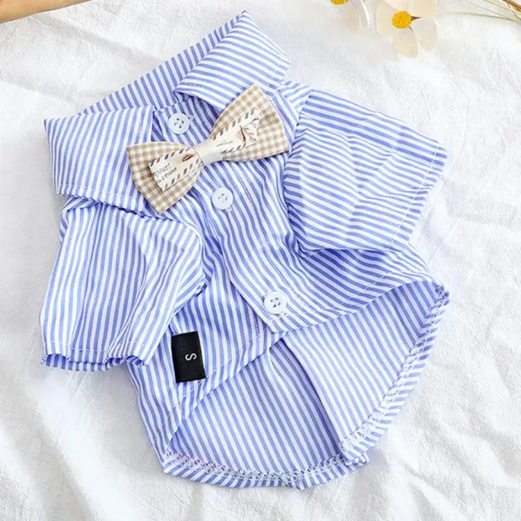 Striped Summer Dog Shirt with Bowknot – Blue - blue / M - dog clothing