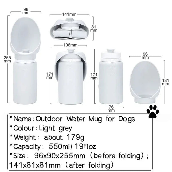 550ml Foldable Pet Water Bottle – Leakproof Travel Dispenser - Light Grey - pet water bowl