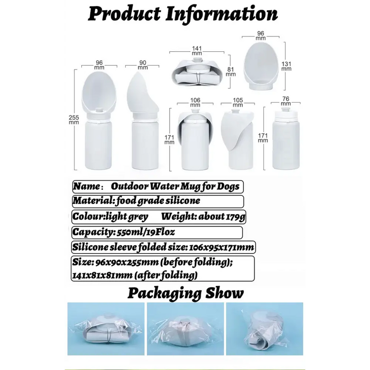 550ml Foldable Pet Water Bottle – Leakproof Travel Dispenser - Light Grey - pet water bowl