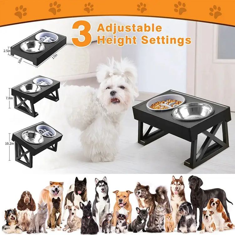 Adjustable Elevated Dog Bowl Stand with Slow Feeder & Mat - pet bowls