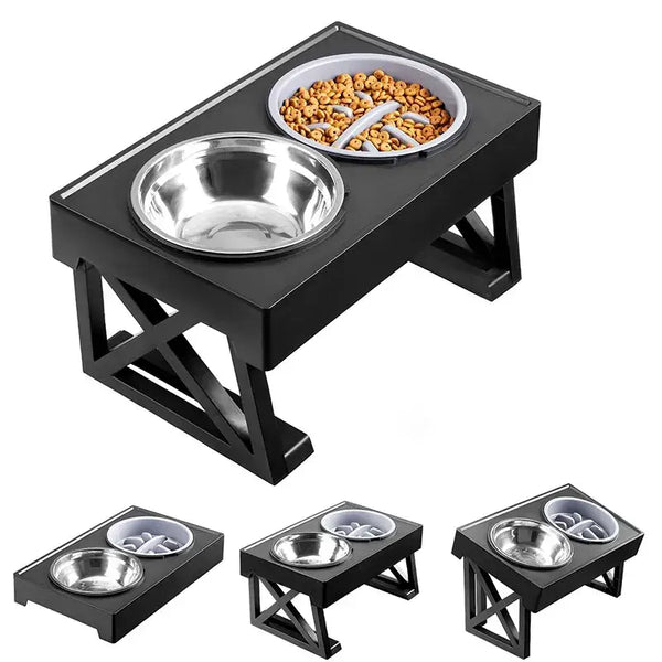 Adjustable Elevated Dog Bowl Stand with Slow Feeder & Mat - pet bowls
