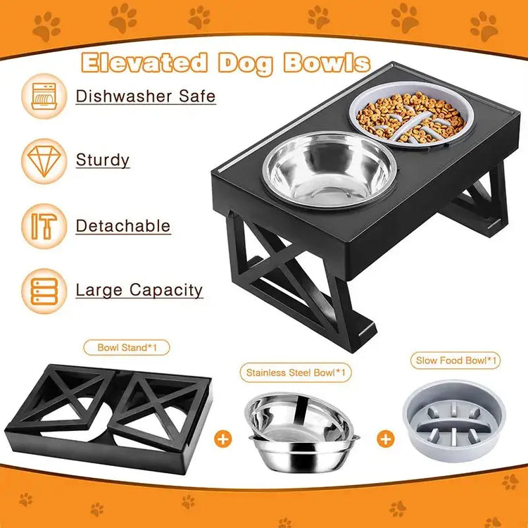 Adjustable Elevated Dog Bowl Stand with Slow Feeder & Mat - pet bowls