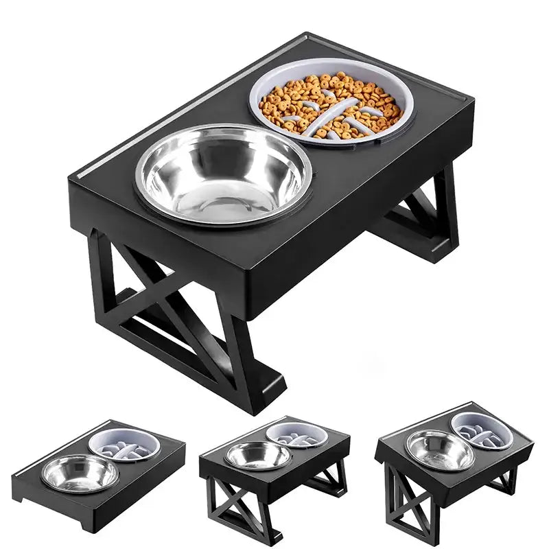 Adjustable Elevated Dog Bowl Stand with Slow Feeder & Mat - Stainless And Slow - pet bowls
