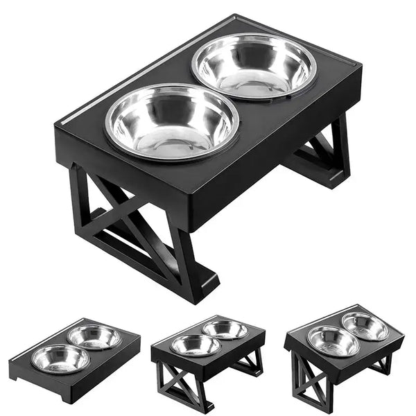 Adjustable Elevated Dog Bowl Stand with Slow Feeder & Mat - Two Stainless Bowls - pet bowls