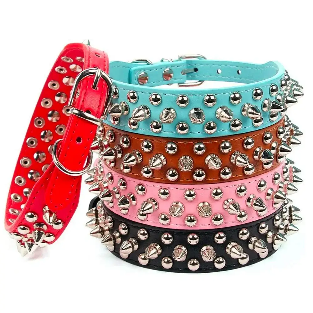 Adjustable Leather Pet Dog collar Neck Strap Supplies PU Leather Punk Rivet Spiked Dog Collar Pet Collars For Small Dog