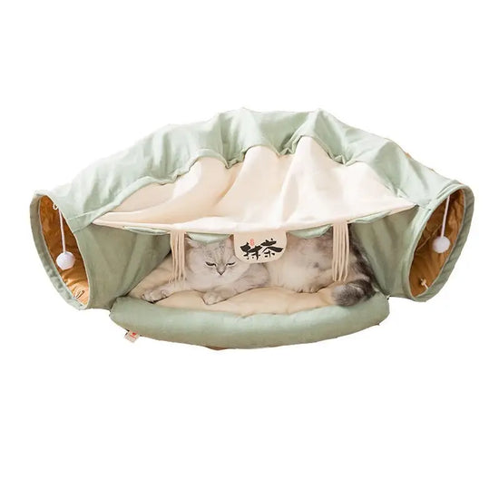 Cat Tunnel Toy Bed with Cushion Mat with Pop up Collapsible 2 Way Tube and Scratching Ball Interactive Toy Peak Hole