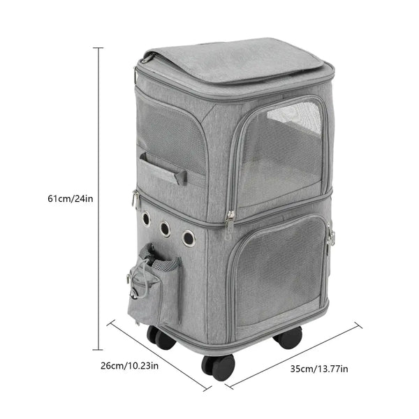 Double-Compartment Cat Rolling Carrier with Wheels – Ventilated Travel Pet Bag - GRAY / United States