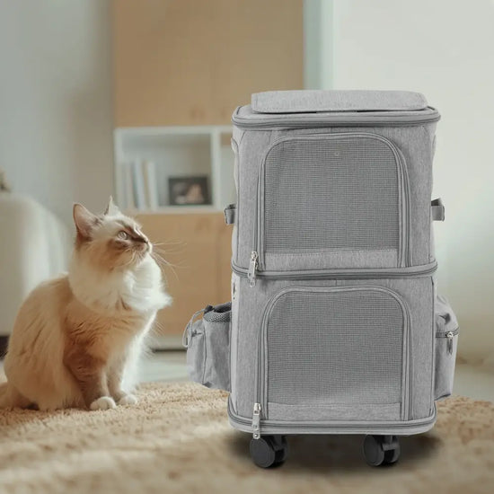 Double-Compartment Rolling Pet Carrier - GRAY / United States - cat carrier