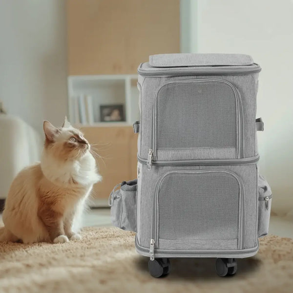 Double-Compartment Rolling Pet Carrier - GRAY / United States - cat carrier