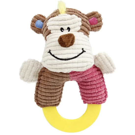 Pet Life ’Ring-O-Round’ Plush Squeaking and Rubber Teething Newborn Puppy Dog Toy - Pink / Brown