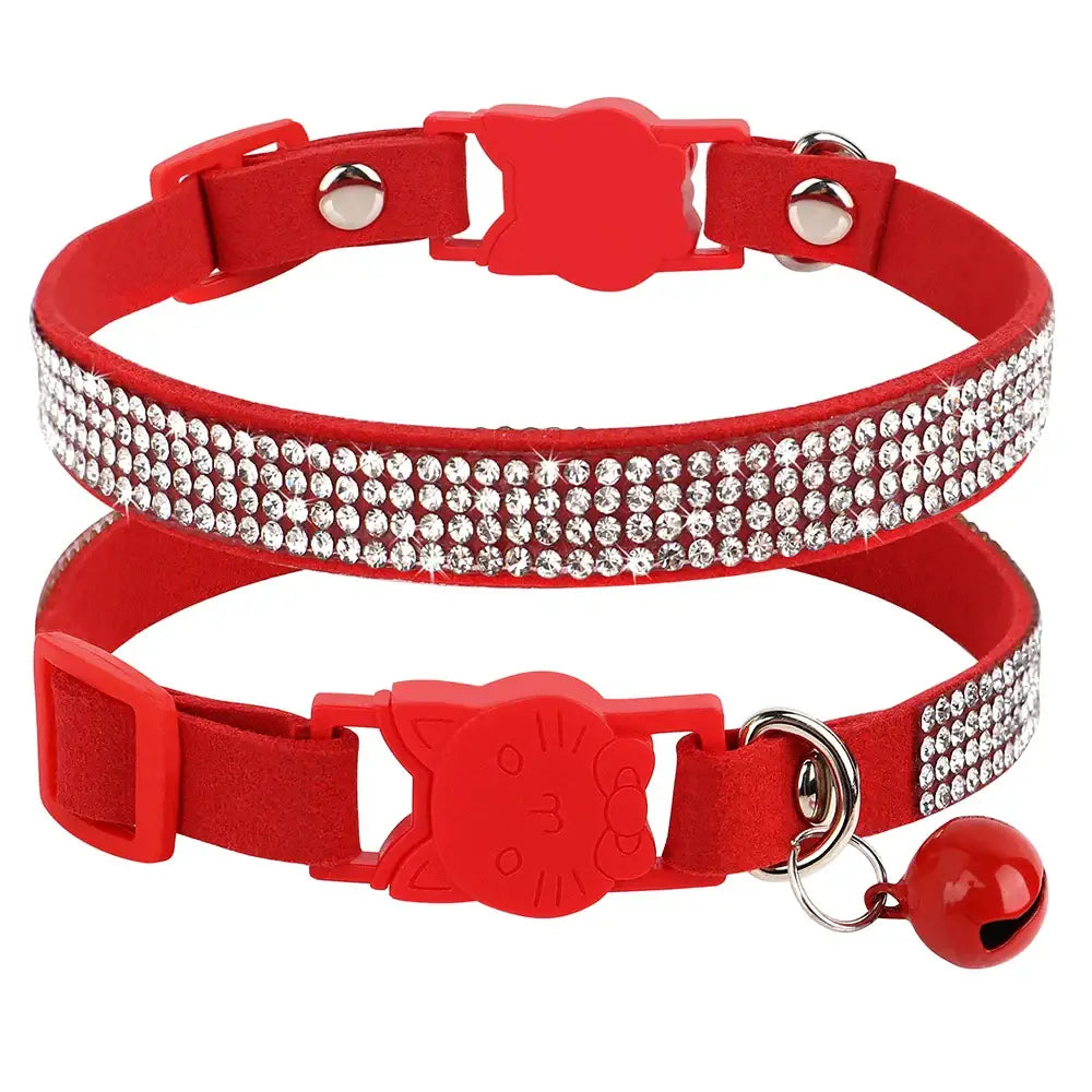 Pink Suede Rhinestone Cat Collar with Bell - cat collar