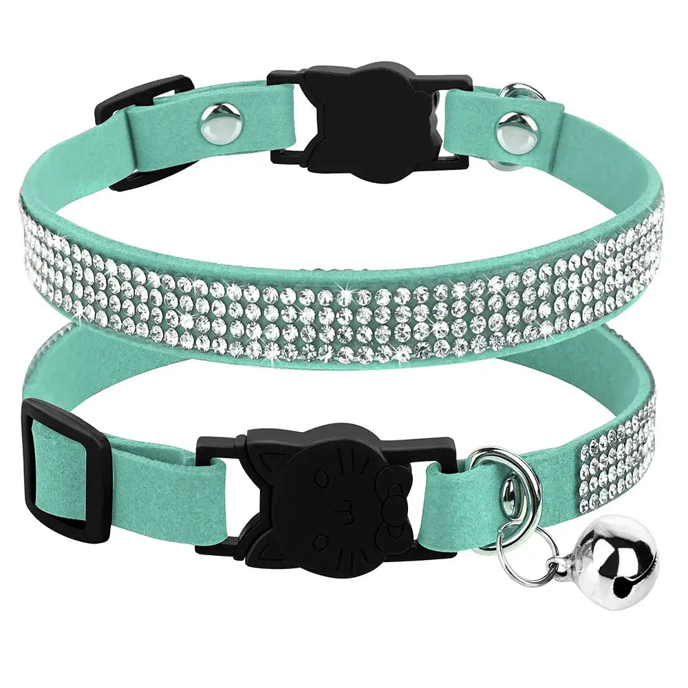 Pink Suede Rhinestone Cat Collar with Bell - cat collar