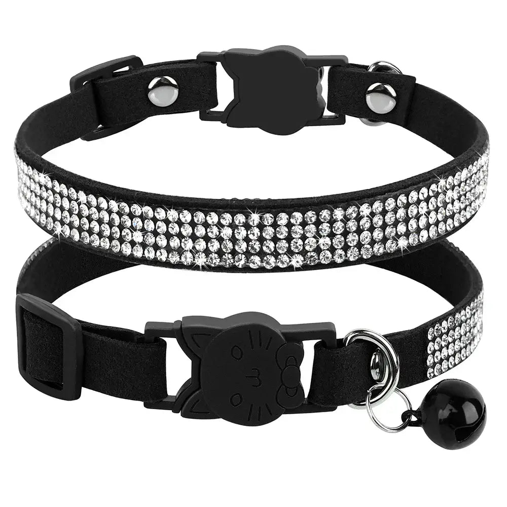 Pink Suede Rhinestone Cat Collar with Bell - cat collar
