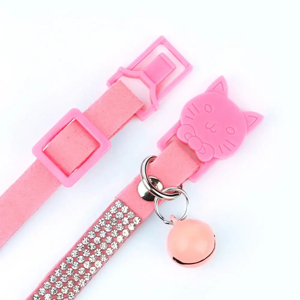 Pink Suede Rhinestone Cat Collar with Bell - cat collar