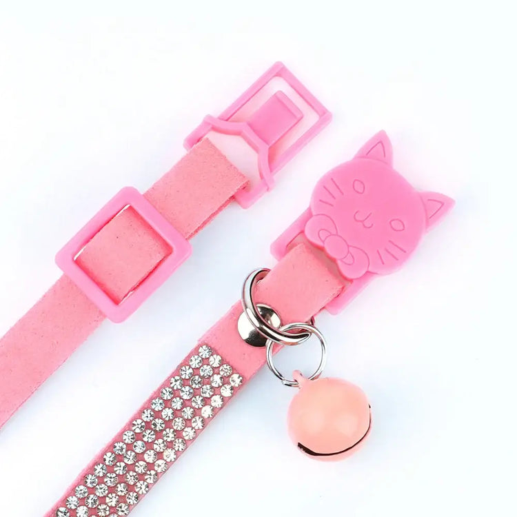 Pink Suede Rhinestone Cat Collar with Bell - cat collar