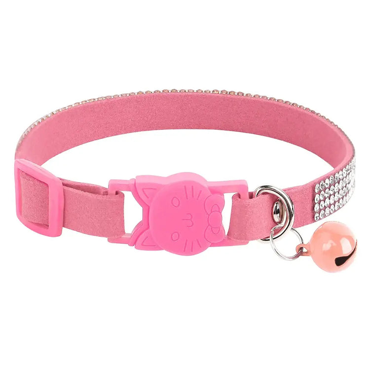 Pink Suede Rhinestone Cat Collar with Bell - cat collar