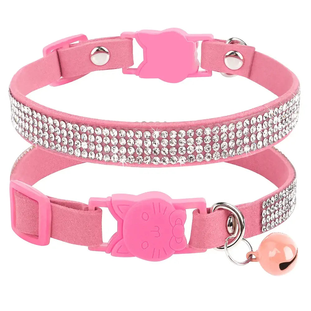 Pink Suede Rhinestone Cat Collar with Bell - cat collar
