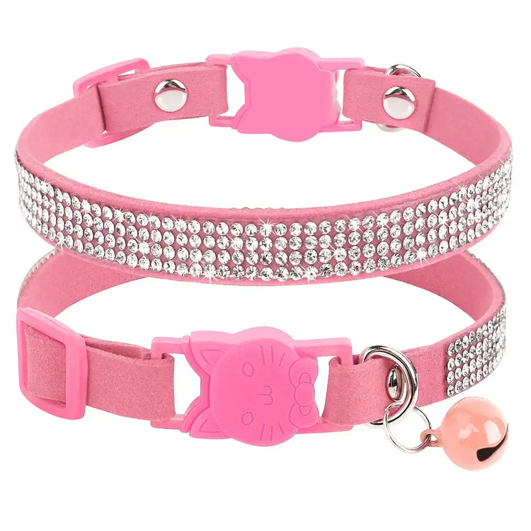 Pink Suede Rhinestone Cat Collar with Bell - cat collar
