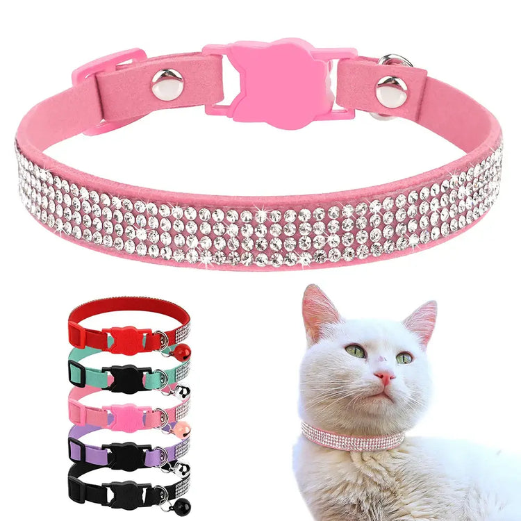 Pink Suede Rhinestone Cat Collar with Bell - cat collar