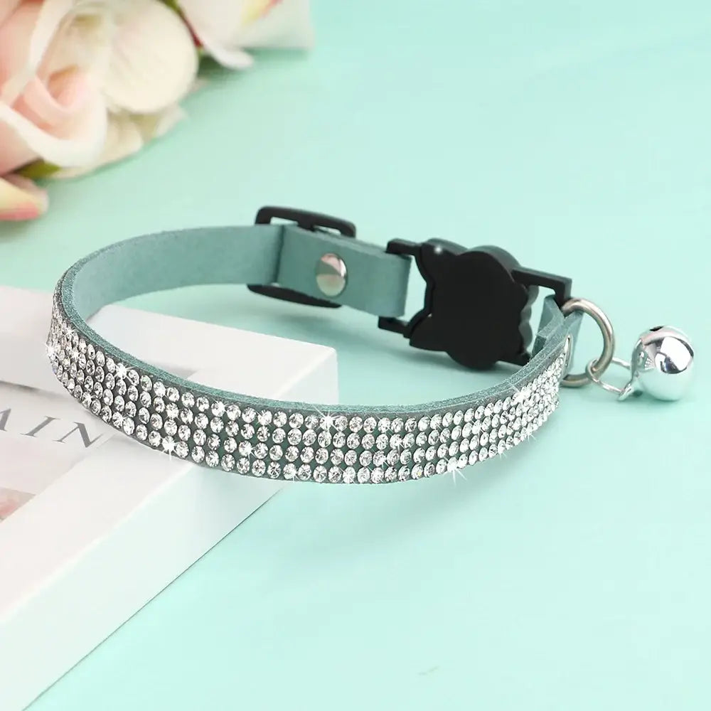 Pink Suede Rhinestone Cat Collar with Bell - XS / Blue - cat collar