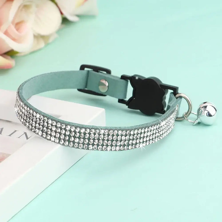 Pink Suede Rhinestone Cat Collar with Bell - XS / Blue - cat collar